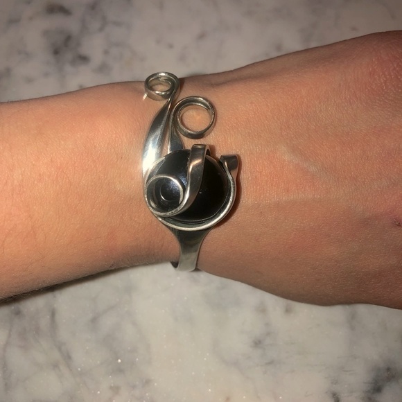 VTG Silver Plate Twisted Fork Cuff Bracelet Glass Stone Adjustable 7” Fits Loose - Picture 6 of 8